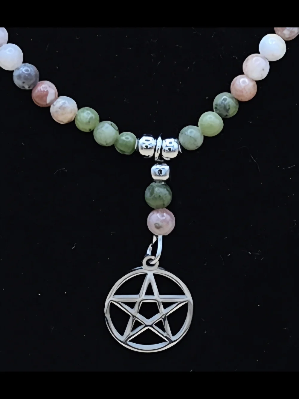 Green Jade, Plum Blossom Jasper and Stainless Steel Necklace Pentagram Pendant